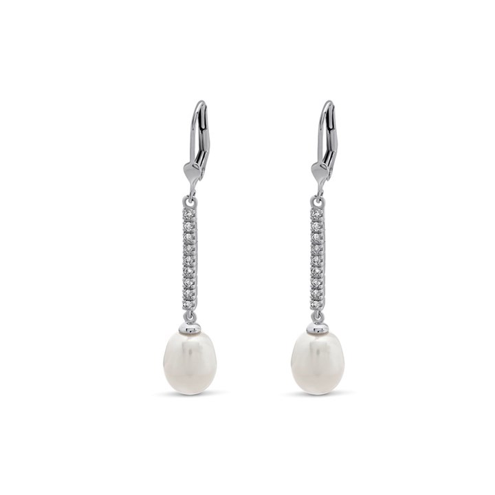 9ct White Gold Cultured Pearl And Diamond Drop Earrings - 15pts per pair - D9664