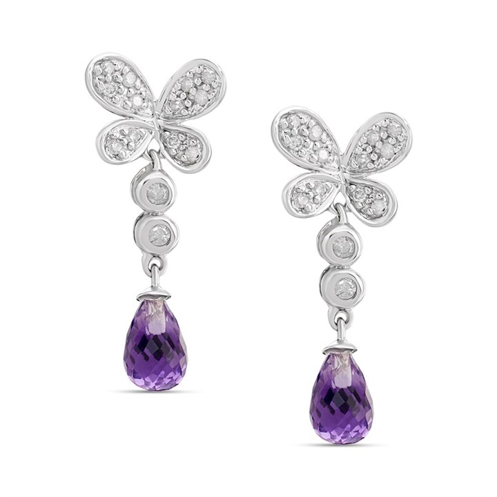 9ct White Gold Amethyst And Diamond Butterfly Drop Earrings - D9694