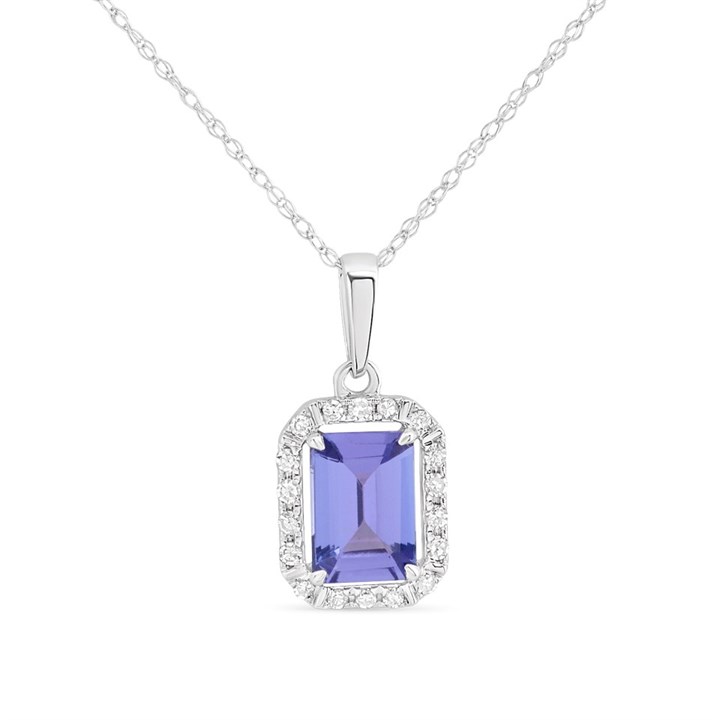9ct White Gold Rectangular Tanzanite And Diamond Cluster Necklace - D97124