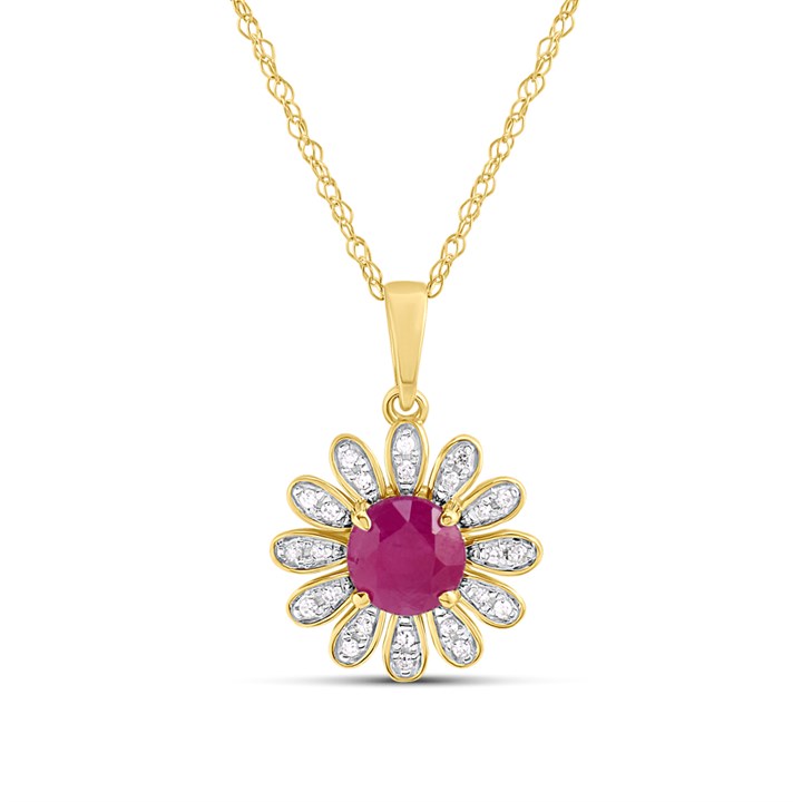 9ct Gold Ruby & Diamond Flower Necklace - D97146