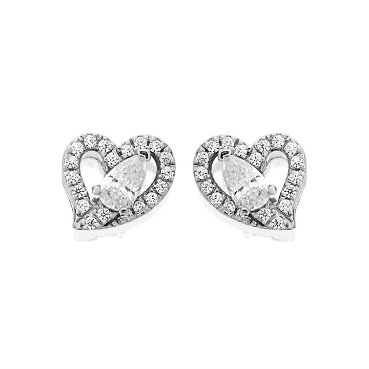 Silver Cubic Zirconia Heart Stud Earrings - 9mm - F04121