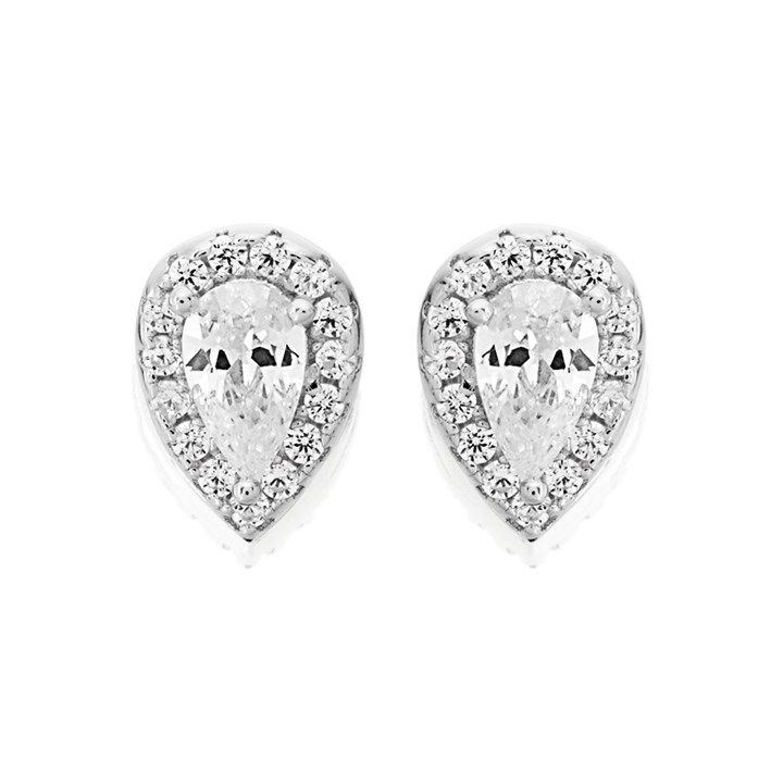 Silver Cubic Zirconia Pear Halo Stud Earrings - 8mm - F04141