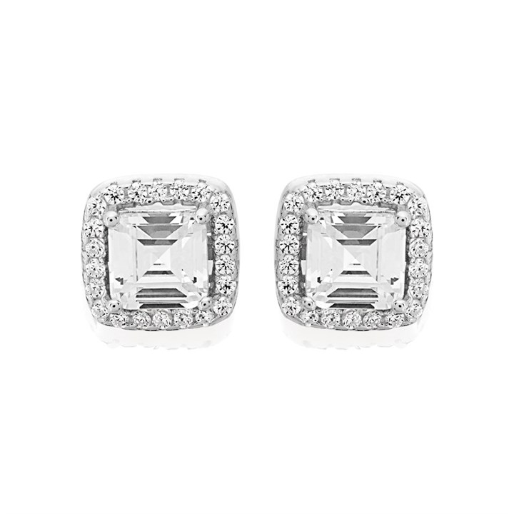 Silver Cubic Zirconia Halo Stud Earrings - 9mm - F04143
