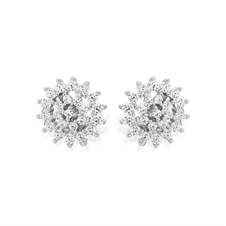 Silver Cubic Zirconia Cluster Stud Earrings - 10mm - F04145
