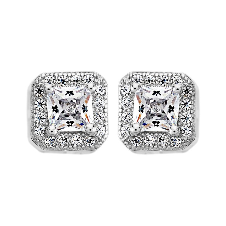 Silver Cubic Zirconia Halo Stud Earrings - 7mm - F04160