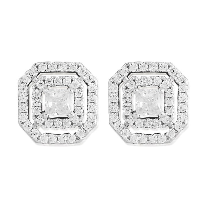 Silver Cubic Zirconia Halo Stud Earrings - 11mm - F04184