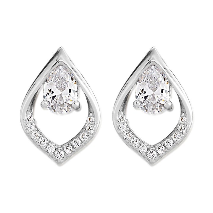 Silver Cubic Zirconia Teardrop Stud Earrings - 12mm - F04186