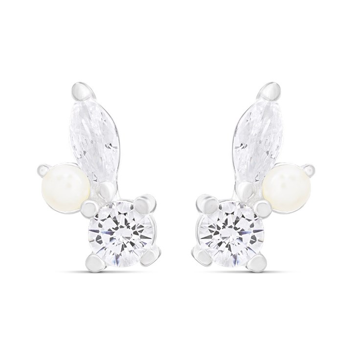 Silver Freshwater Pearl And Cubic Zirconia Stud Earrings - F04196