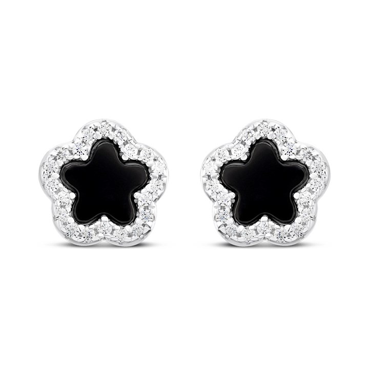Silver Onyx CZ Flower Stud Earrings - F04210