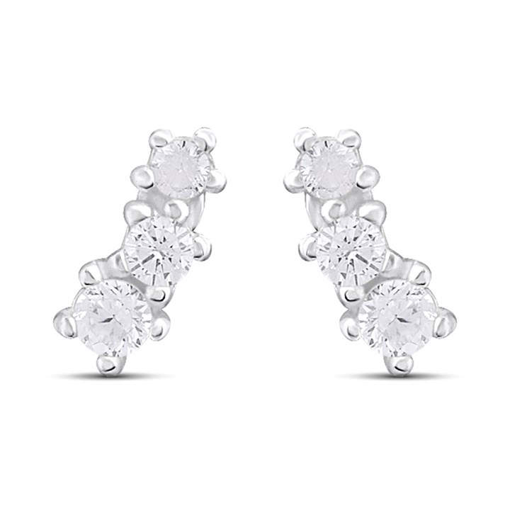 Silver CZ Three Stone Mini Climber Stud Earrings - F04212