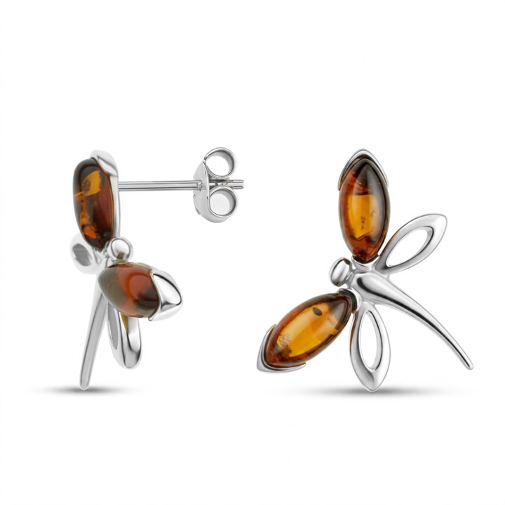 Silver Amber Dragonfly Stud Earrings - F04245