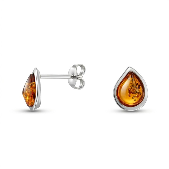 Silver Amber Teardrop Stud Earrings - F04247