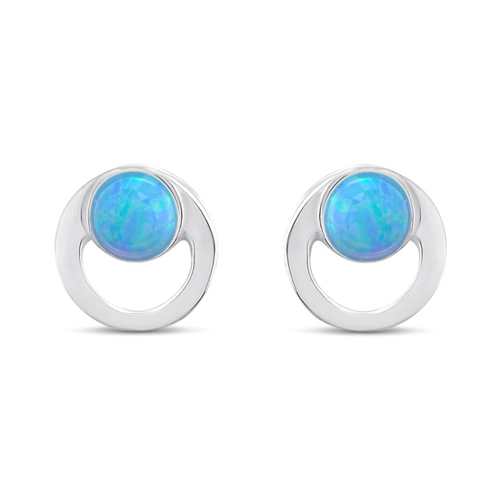 Silver Synthetic Opal Circle Stud Earrings- 6mm - F04248