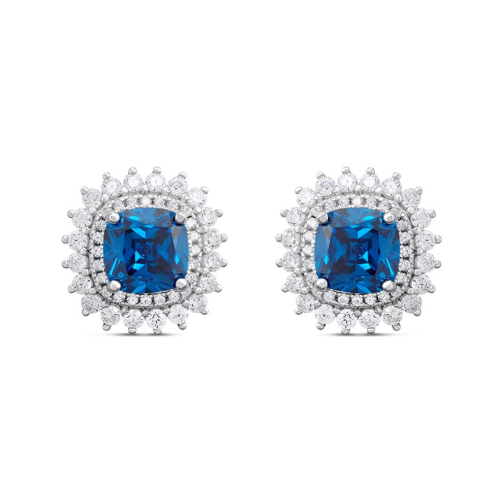 Silver Blue CZ And Clear CZ Cushion Stud Earrings - F04255