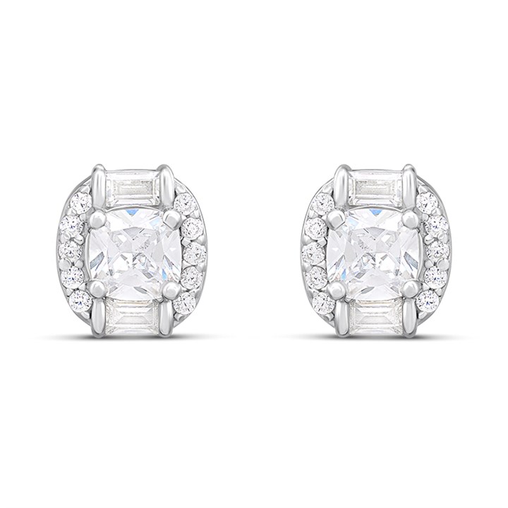 Silver Clear CZ Halo Cushion Stud Earrings - F04256