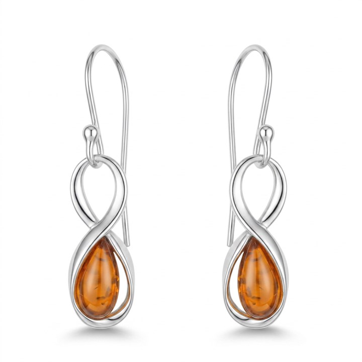 Silver Amber Figure Of Eight Drop Earrings - F0722
