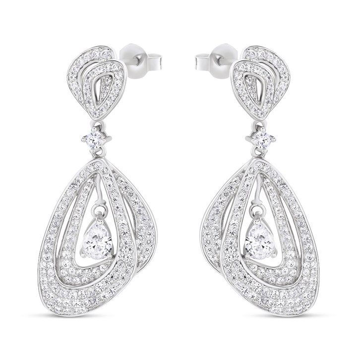 Silver Cubic Zirconia Asymmetric Drop Earrings - 37mm drop - F1198