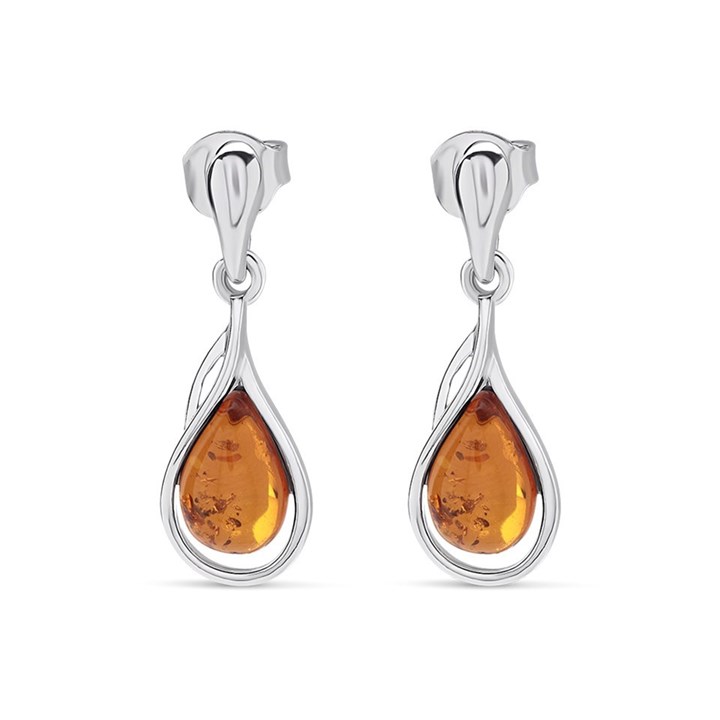 Silver Cognac Amber Teardrop Earrings - 25mm drop - F1211