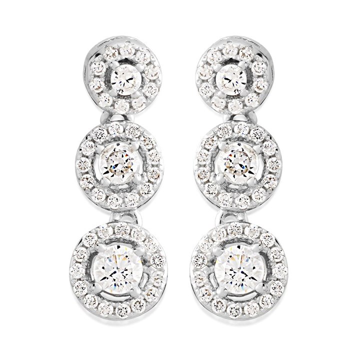 Silver Cubic Zirconia Halo Trilogy Drop Earrings - 19mm drop - F1226