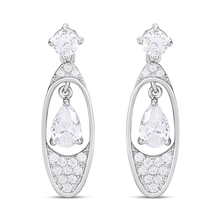 Silver Pear CZ Oval Drop Earrings- 24mm - F1232