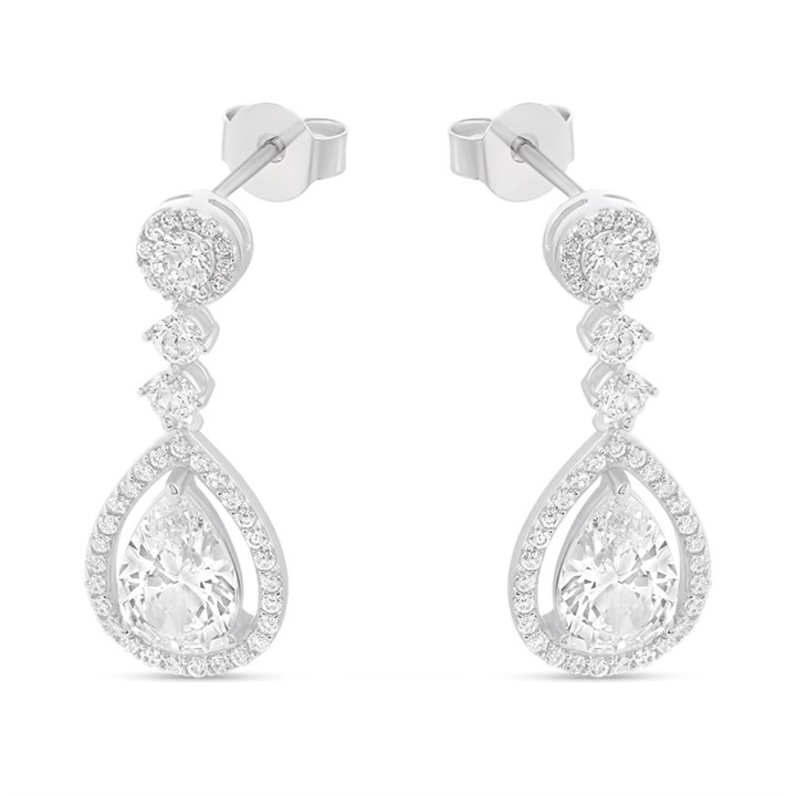 Silver Pear CZ Halo Drop Earrings - F1234