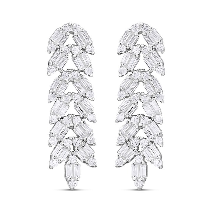 Silver Baguette And Round CZ Drop Earrings - F1236