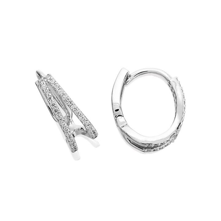 Silver Cubic Zirconia Cuff Huggie Hoop Earrings - 15mm - F13100