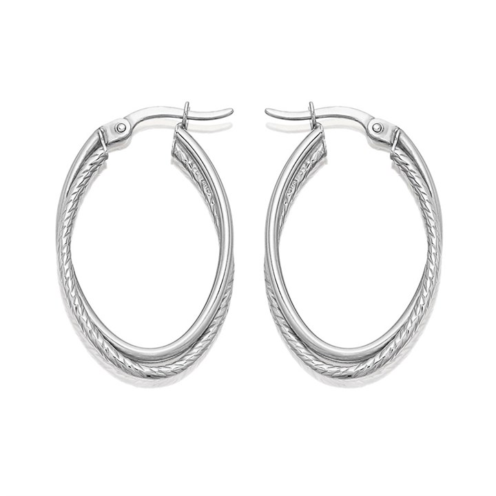 Silver Twisted Oval Hoop Earrings - 28mm - F13123