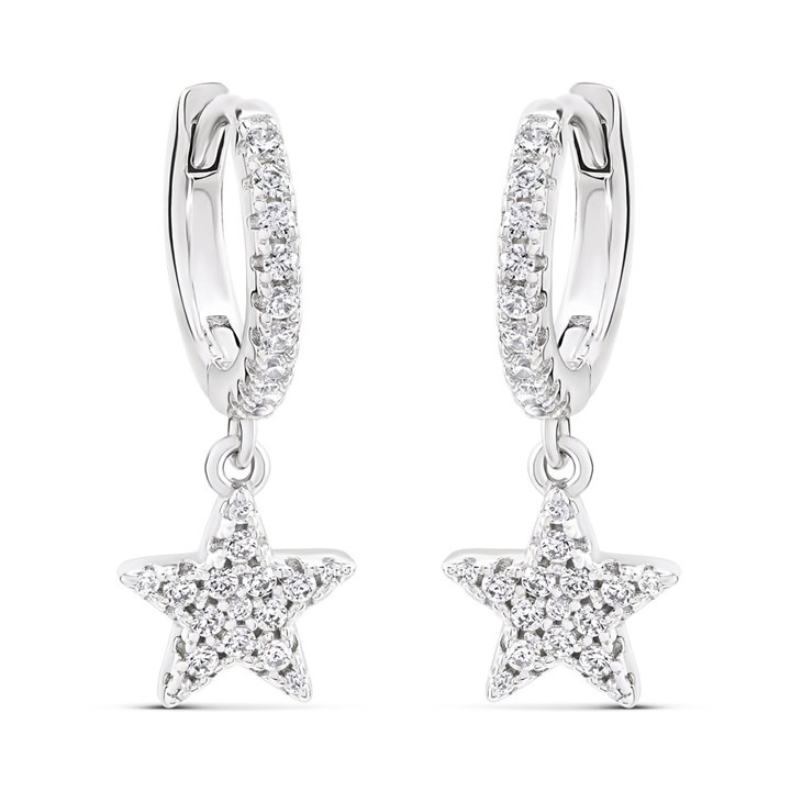 Silver Cubic Zirconia Star Huggie Drop Earrings - 12mm - F13127