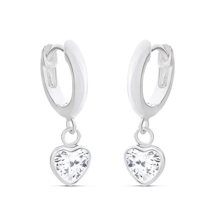 Silver Cubic Zirconia Heart Dropper Huggie Earrings - 11mm - F13133