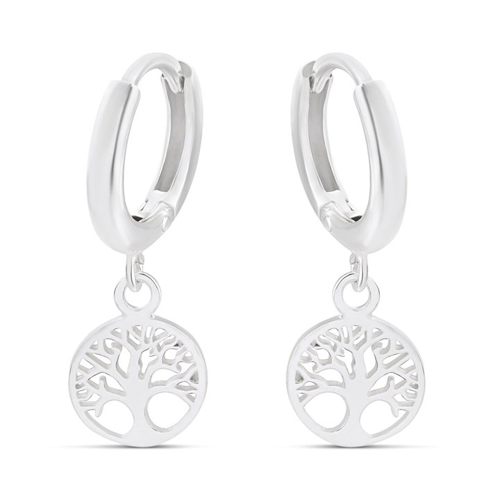 Silver Tree of Life Drop Huggie Earrings - F13147
