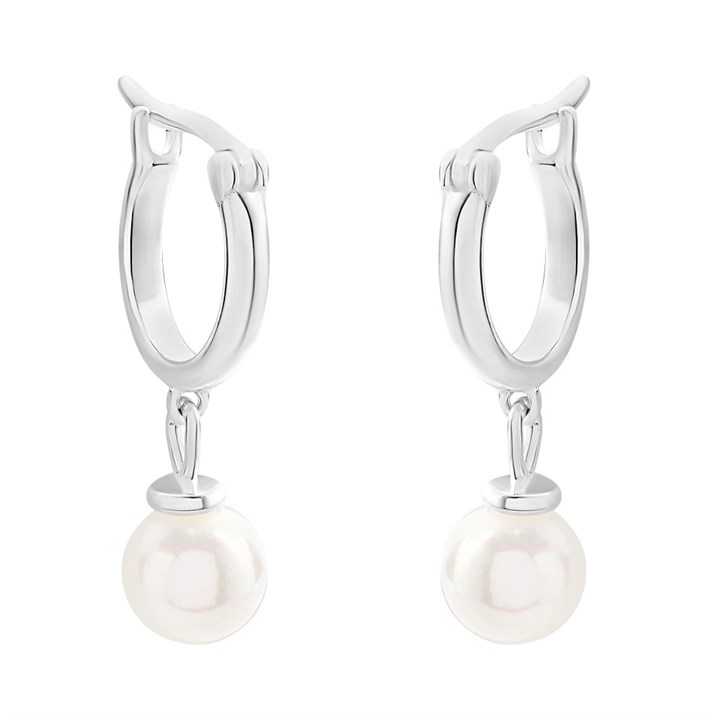 Silver Simulated Pearl Drop Hoop Earrings - F13148