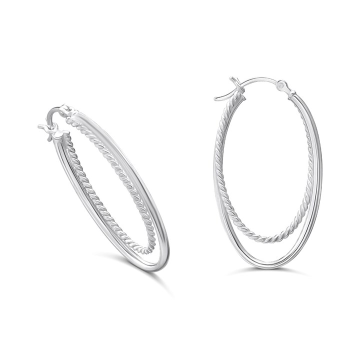 Silver Crossover Oval Hoop Earrings - F13150