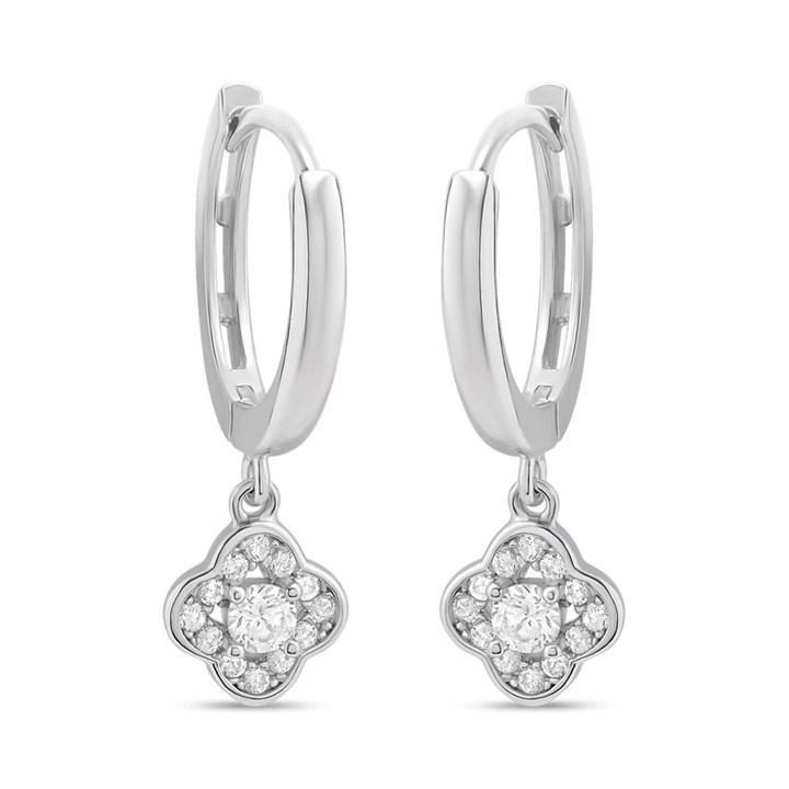 Silver CZ Clover Drop Hoop Earrings - F13152