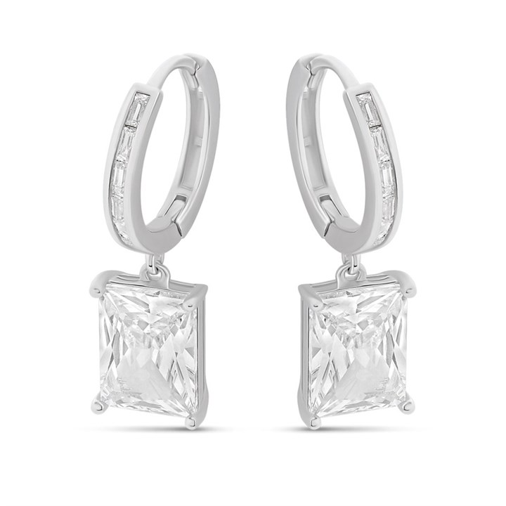 Silver CZ Rectangle Drop Hoop Earrings - F13153