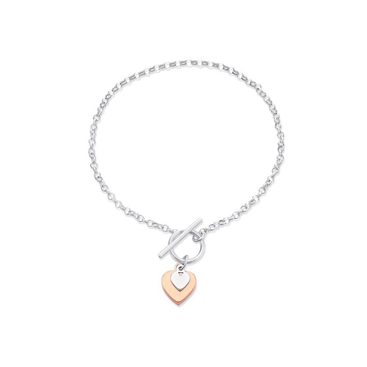 Silver Rose Tone Heart Charm T-Bar Bracelet - 7.5in - F14123