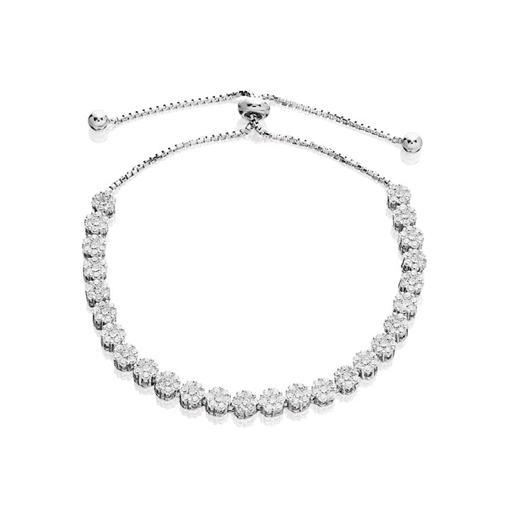 Silver Cubic Zirconia Flower Cluster Slider Bracelet - F14134