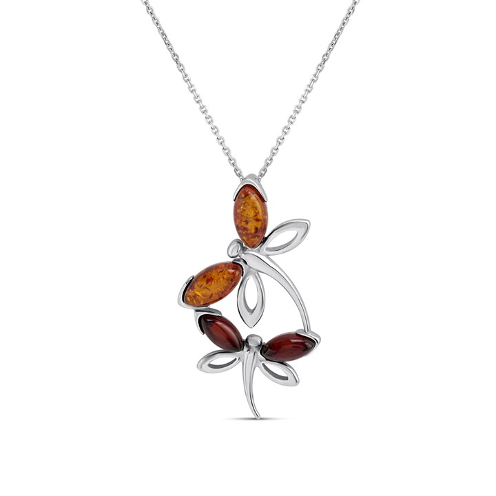 Silver Mixed Amber Dragonfly Necklace - F33125