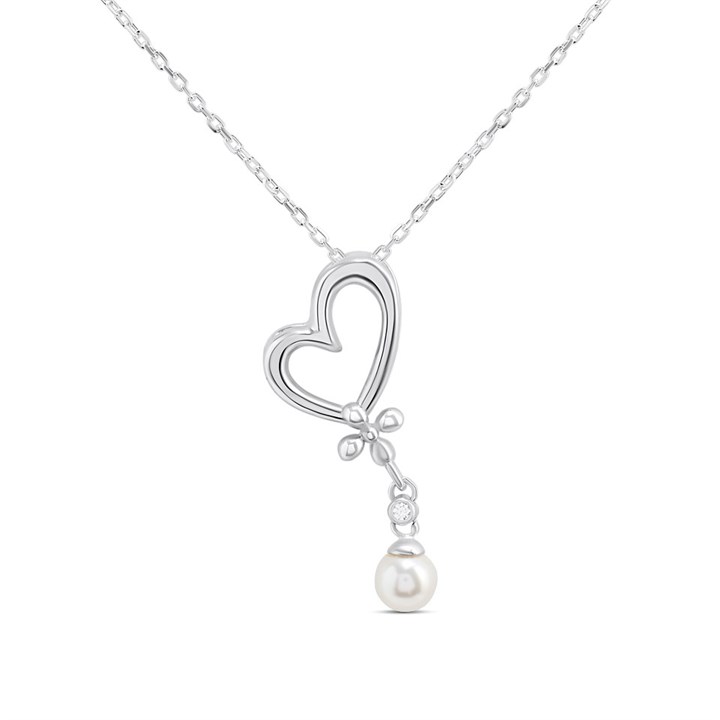 Silver Heart Synthetic Pearl And CZ Necklace - F34109