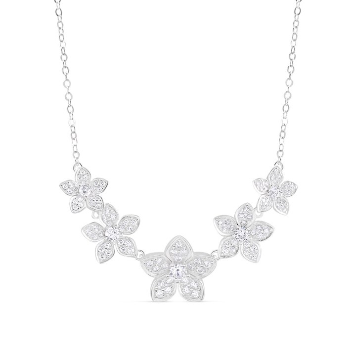 Silver Five Flower Cubic Zirconia Necklet - F35161