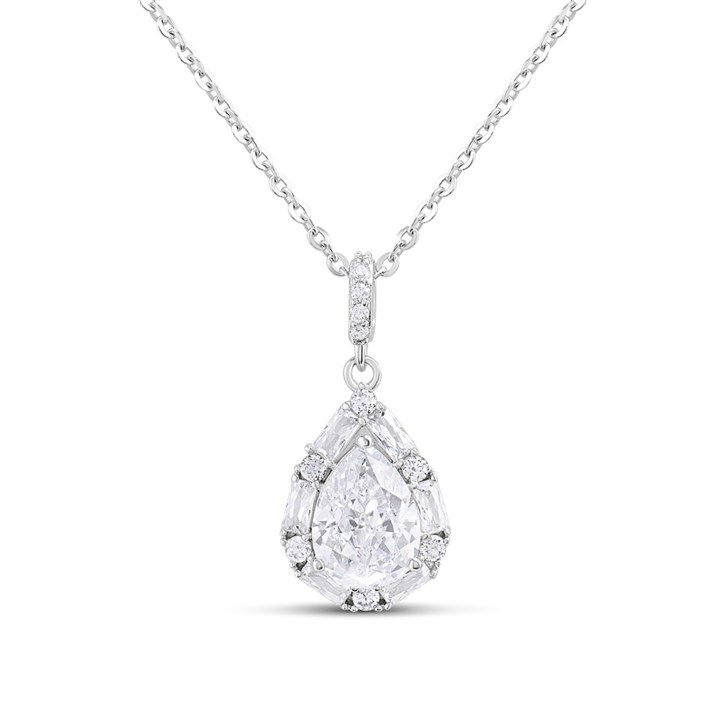 Silver CZ Halo Pear Necklace - F35171