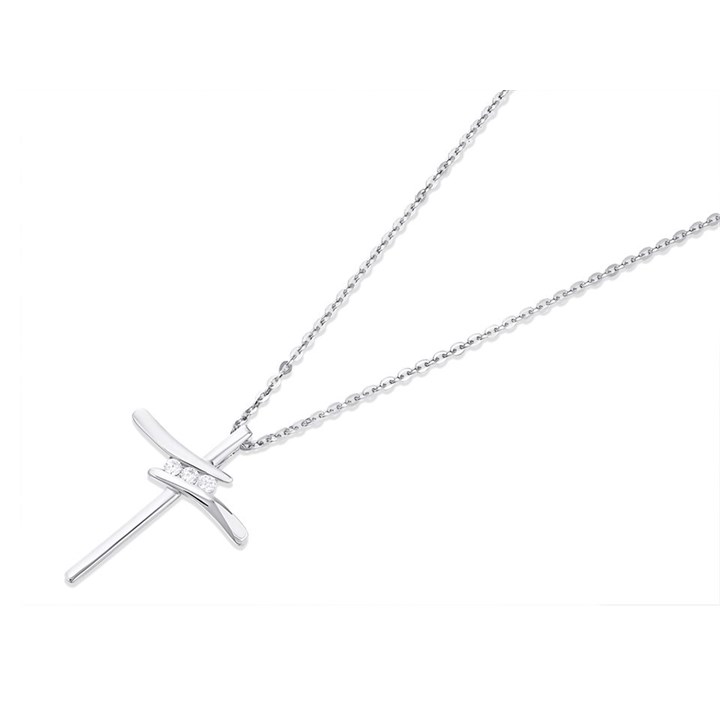 Silver Cubic Zirconia Cross And Chain - F3608
