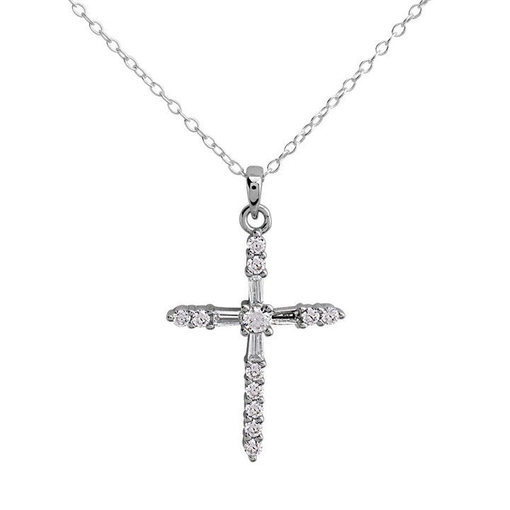 Silver Cubic Zirconia Cross And Chain - F3642