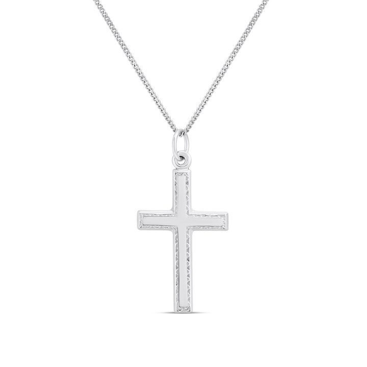 Silver Patterned Border Cross Pendant and Chain- 26mm - F3711