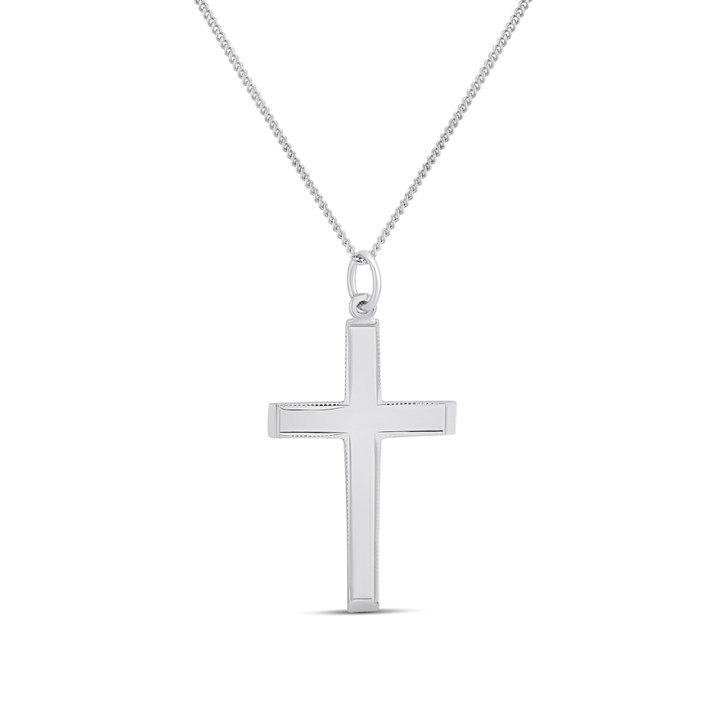 Silver Milgrain Border Chamfered Edge Cross Necklace- 28mm - F3712
