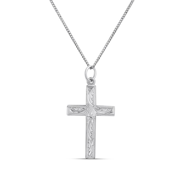 Silver Patterned Milgrain Border Cross necklace-26mm - F3713
