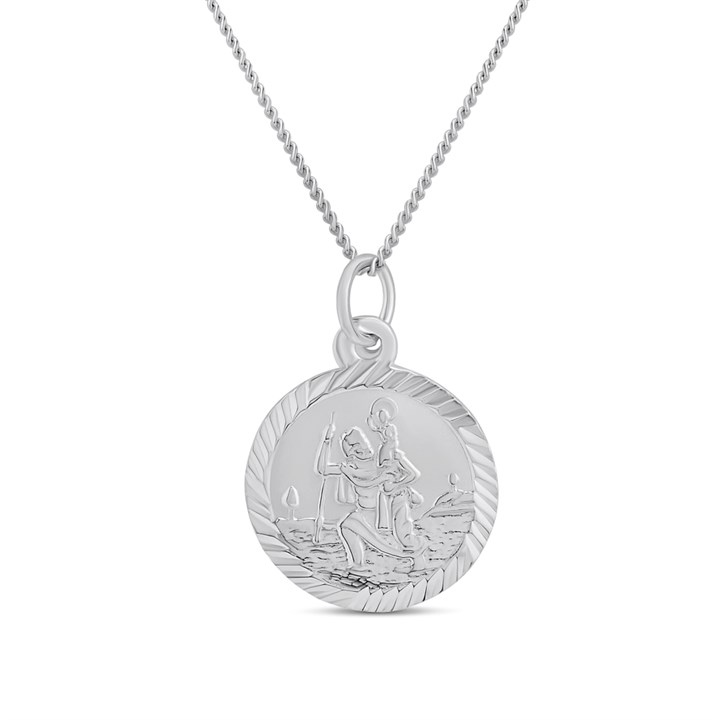 Silver Double Sided Diamond Cut St Christopher Pendant- 16mm - F4703