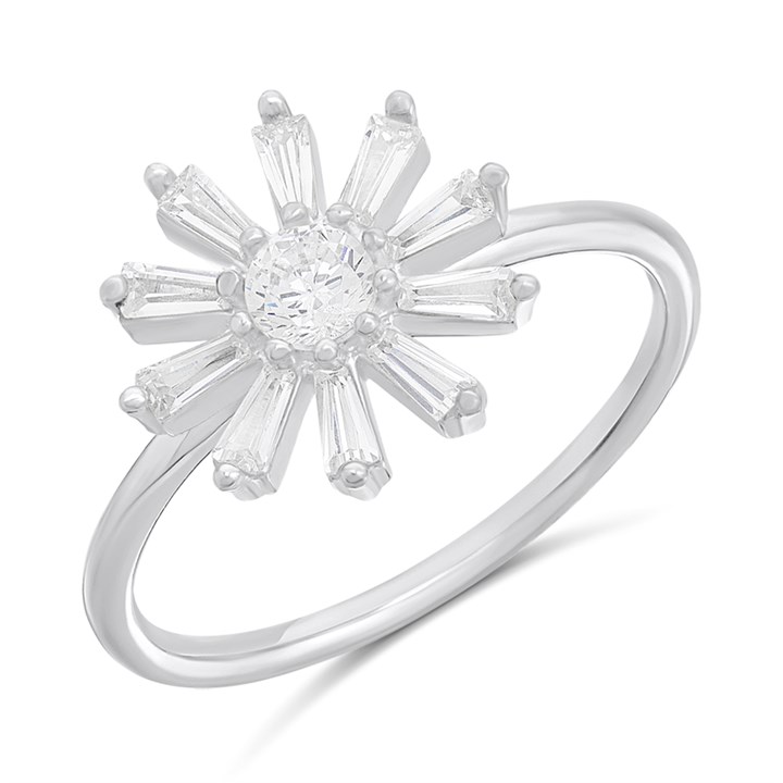 Silver Flower Baguette Ring - F60106