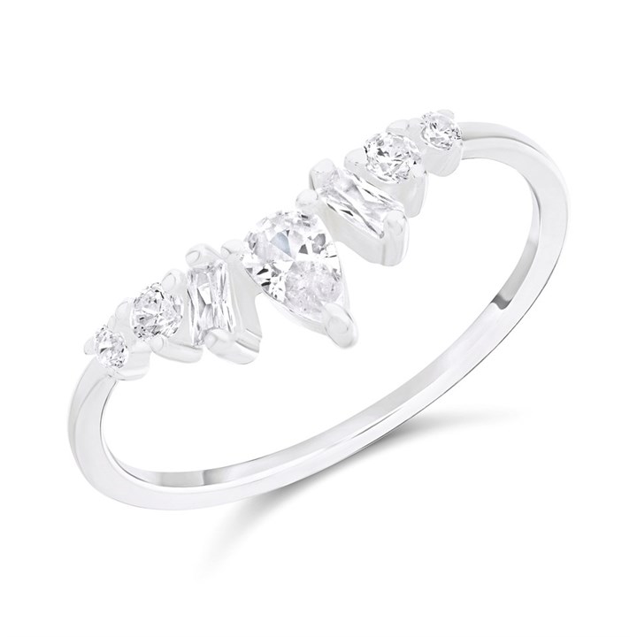 Silver Mixed Cut Cubic Zirconia Wishbone Ring - F6094
