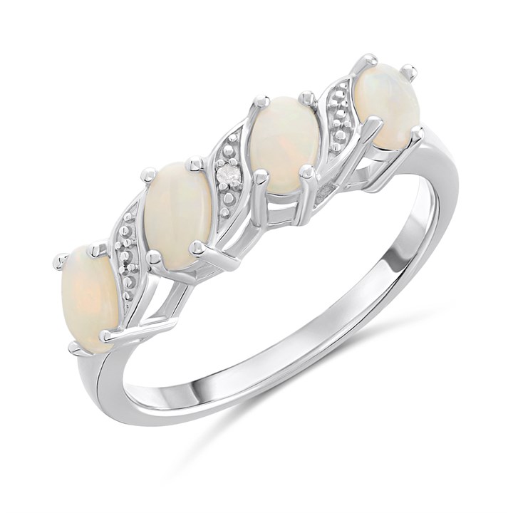 Silver Four Stone Opal And Diamond Ring - F6119